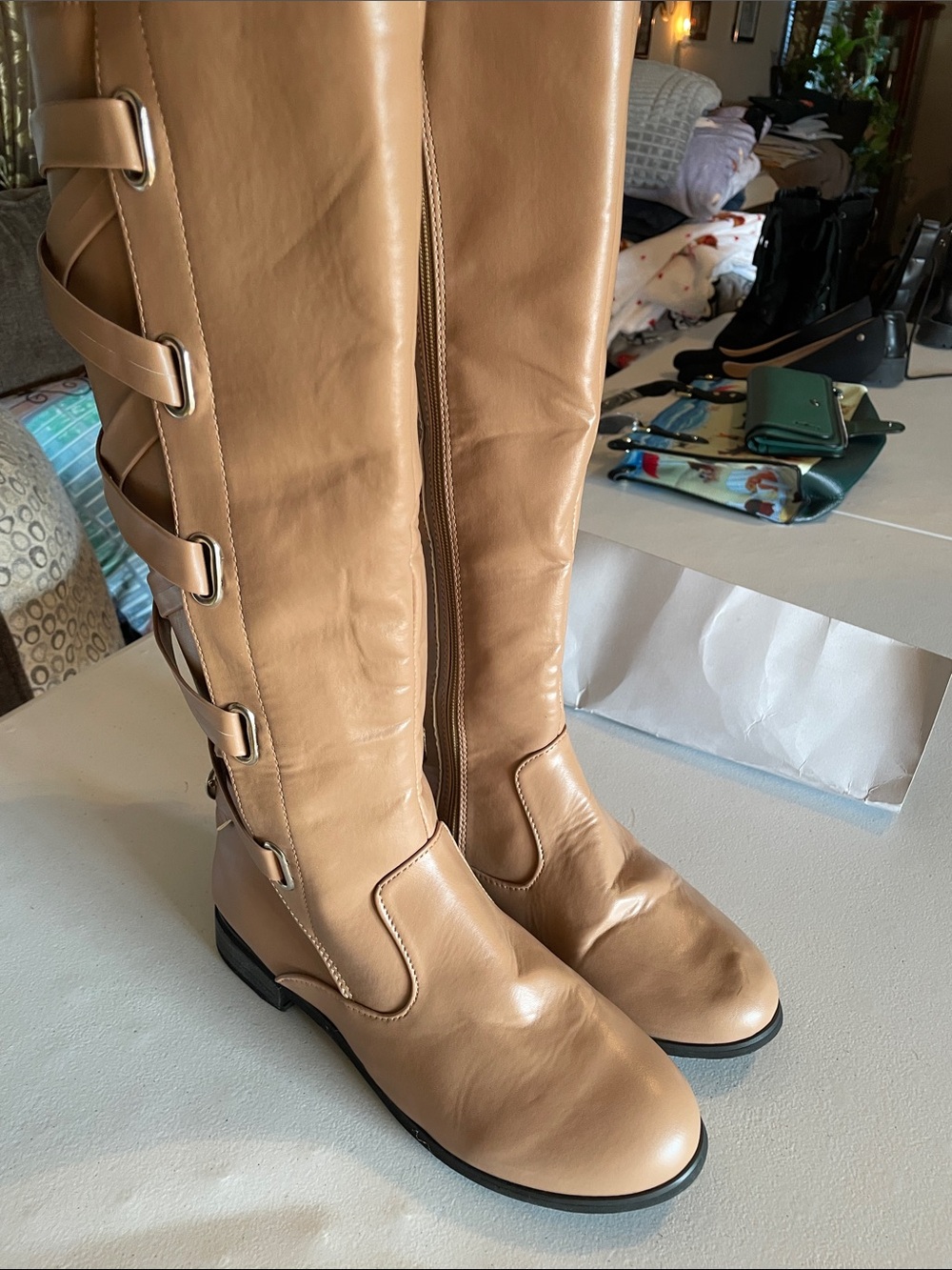 Over-the-Knee Tan Riding Boots with Side Buckle Detail ( bag3)